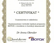 techniki iniekcji botoxu - zaświadczenie o ukończeniu kursu dla Dr Olender