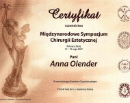 Certyfikat uczestnictwa w międzynarodowym sympozjum chirurgii estetycznej dla Dr Olender